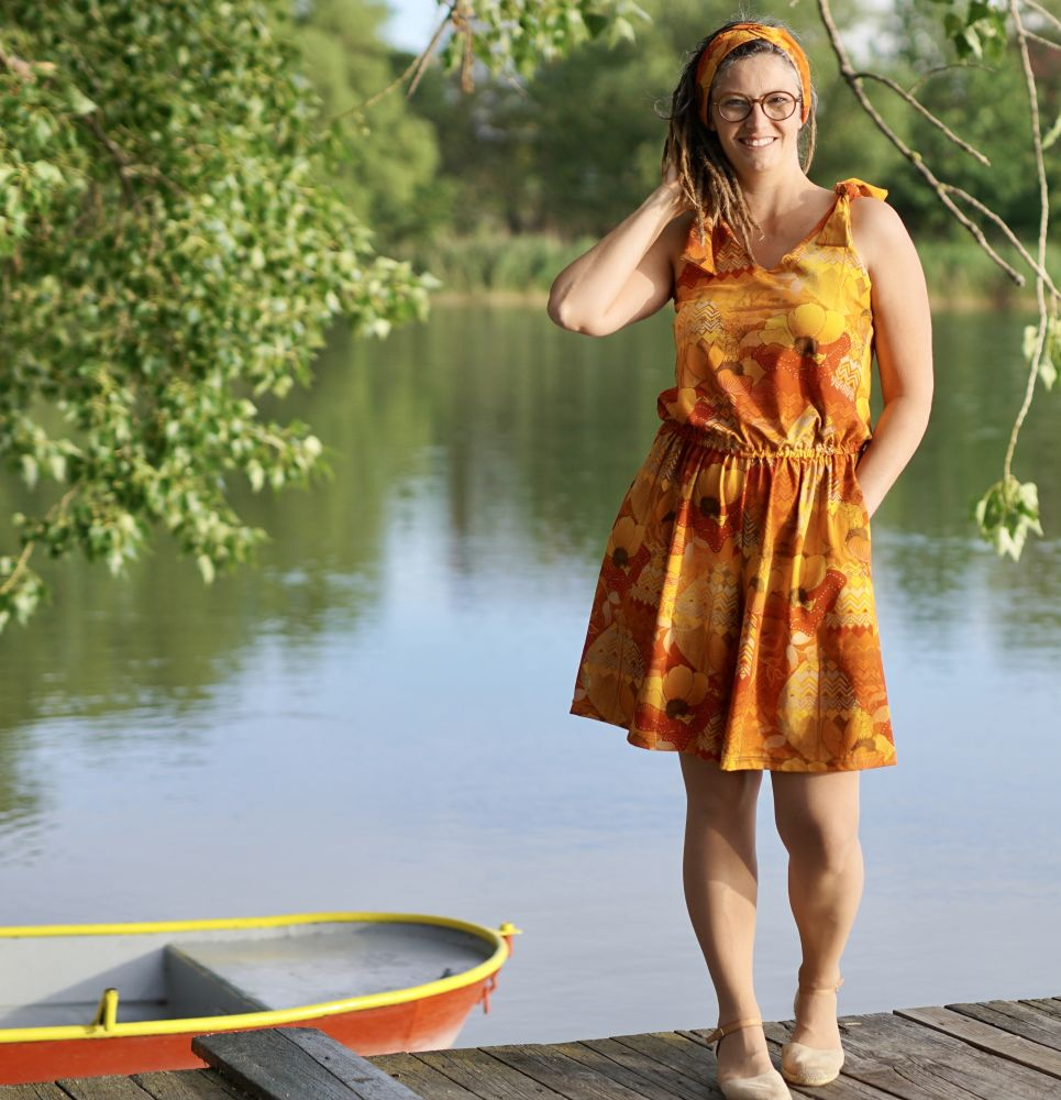 Eigenproduktion "Bohemian Summer" von Graustufen-Stoffe auf Baumwolljersey, Jersey Boho Stoff, orange, gelb